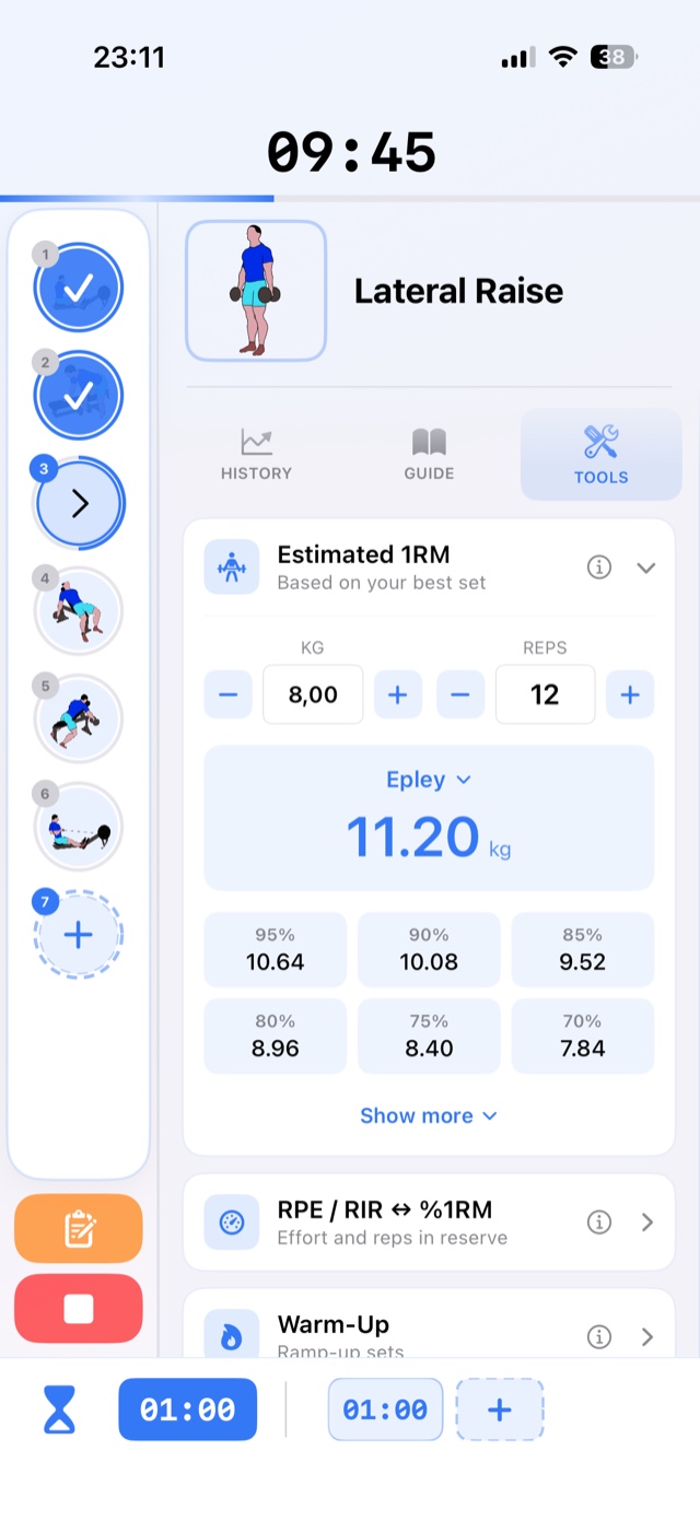 Tools panel showing the estimated one-rep max and a warm-up ramp