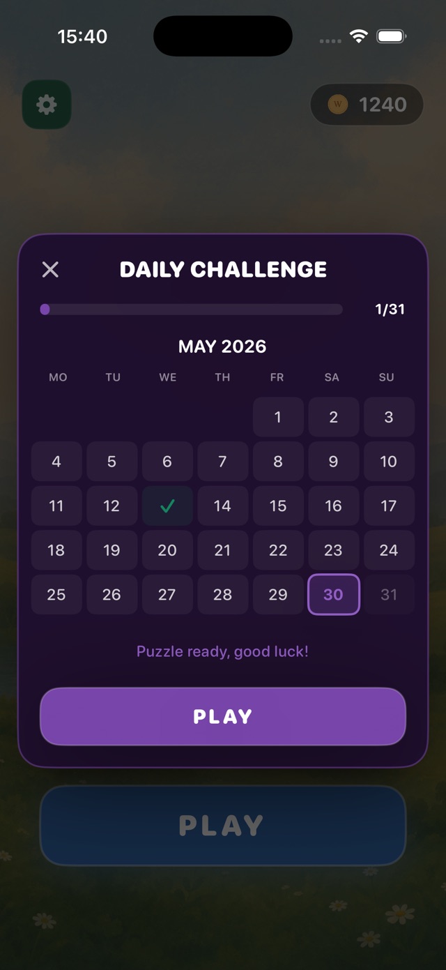 Daily challenge calendar for the month, with the day completed and today highlighted