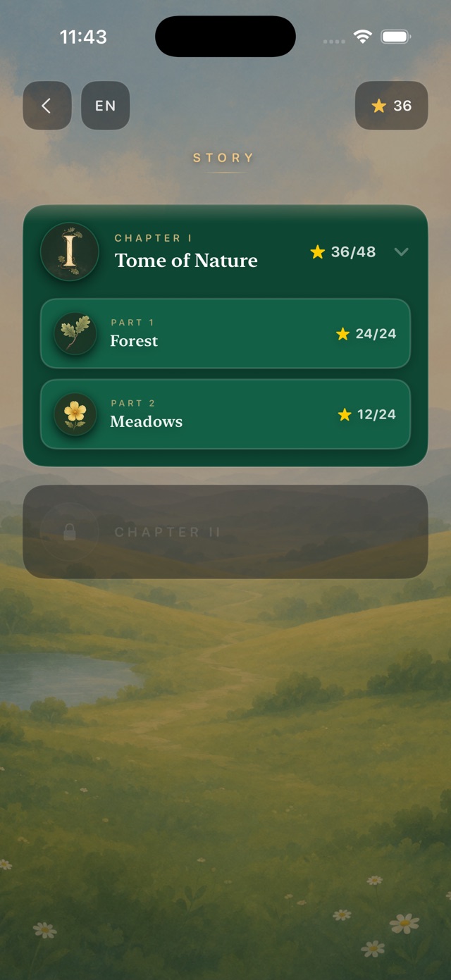 Story map with Chapter I, Tome of Nature, divided into parts and the stars earned